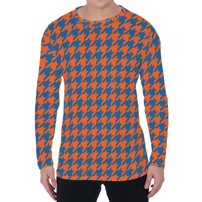 Orange And Blue Houndstooth Print Men's Long Sleeve T-Shirt