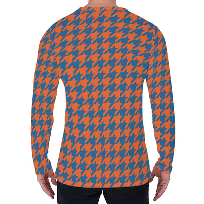 Orange And Blue Houndstooth Print Men's Long Sleeve T-Shirt