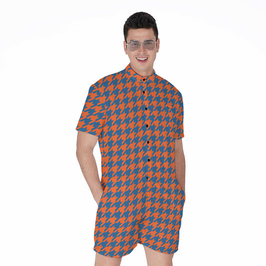 Orange And Blue Houndstooth Print Men's Rompers