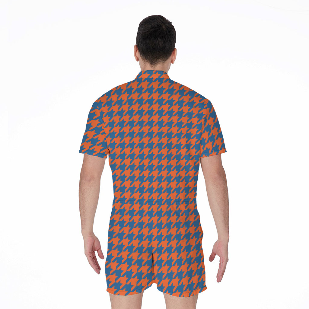 Orange And Blue Houndstooth Print Men's Rompers