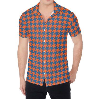 Orange And Blue Houndstooth Print Men's Shirt
