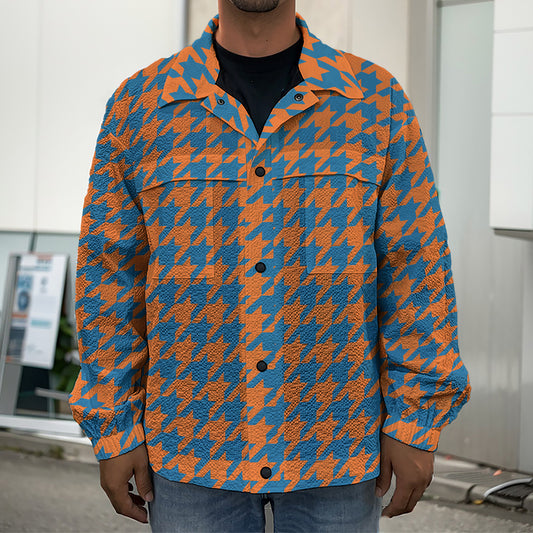 Orange And Blue Houndstooth Print Men's Shirt Jacket