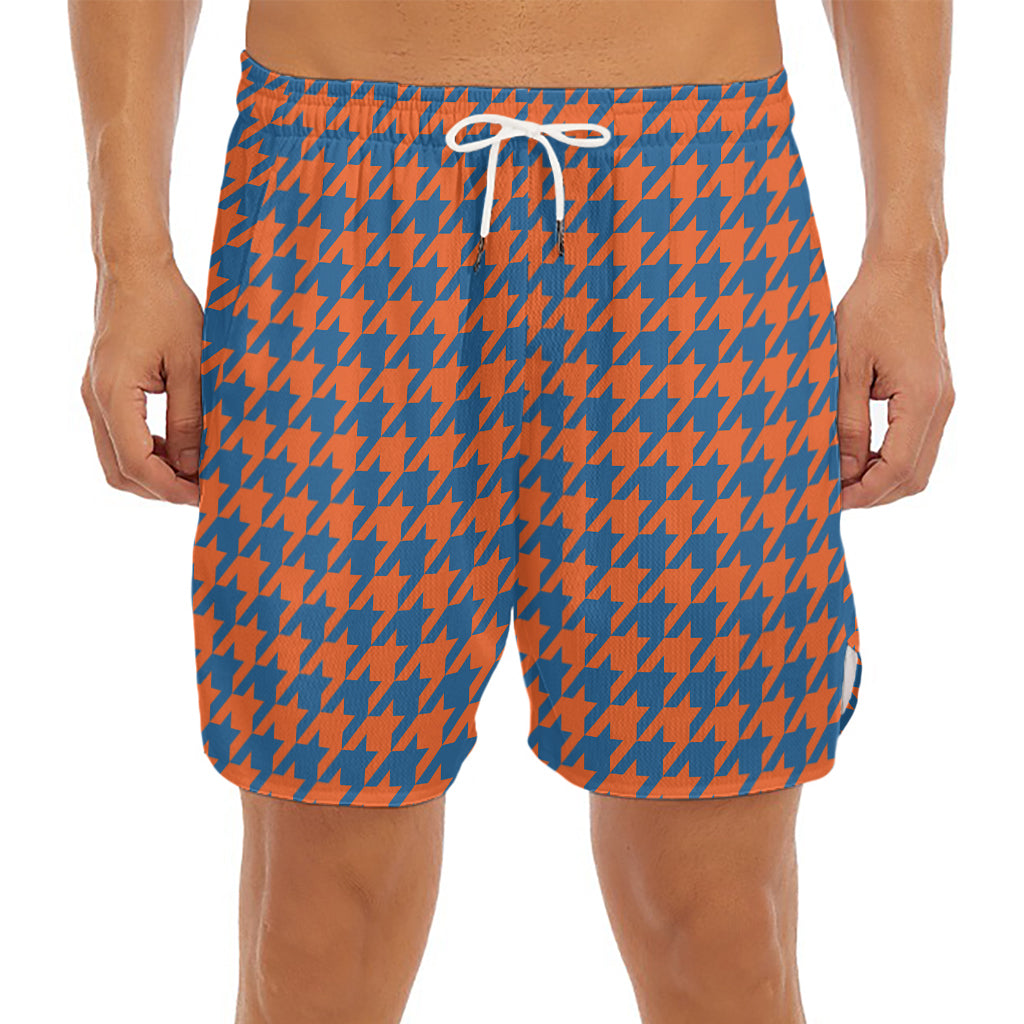 Orange And Blue Houndstooth Print Men's Split Running Shorts