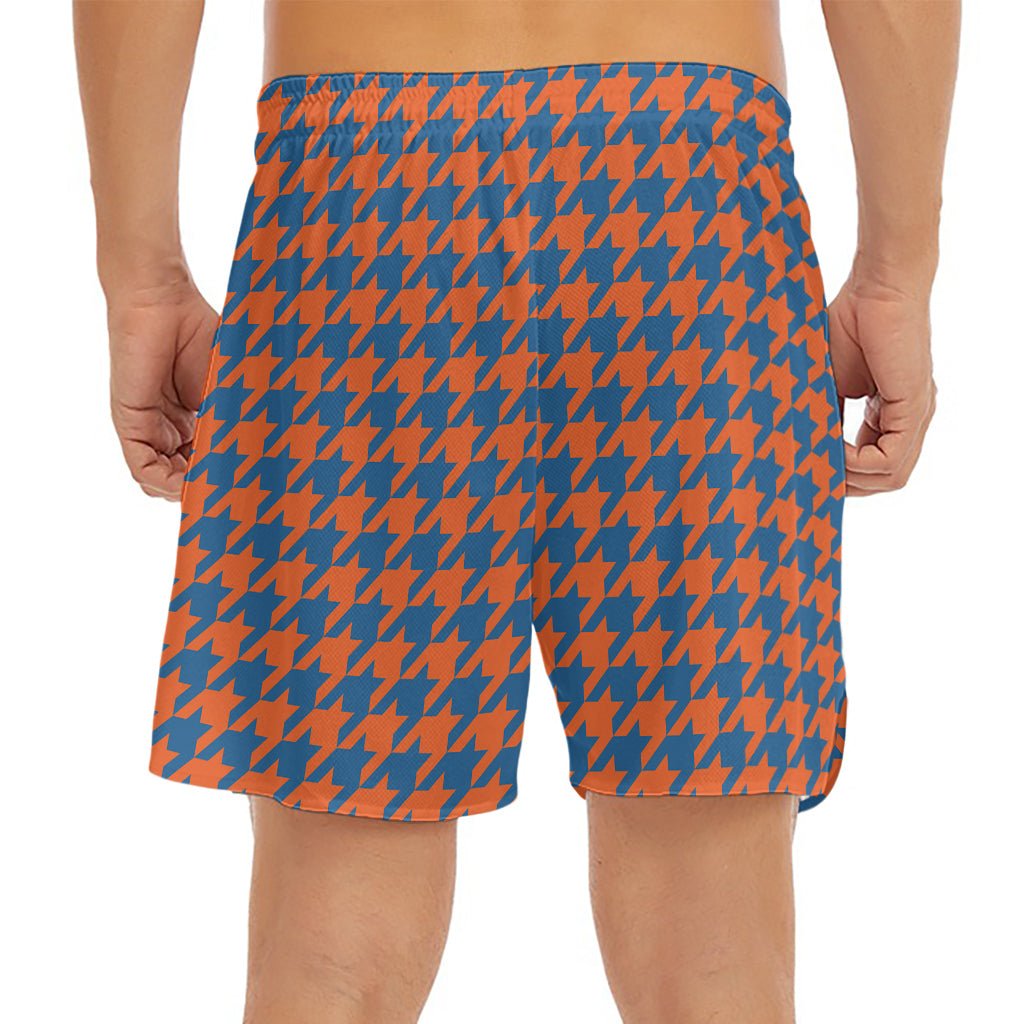 Orange And Blue Houndstooth Print Men's Split Running Shorts