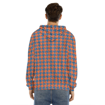 Orange And Blue Houndstooth Print Men's Velvet Pullover Hoodie