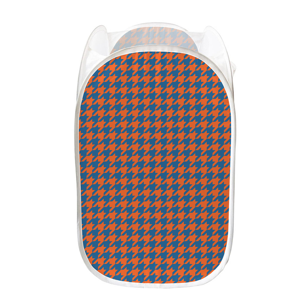 Orange And Blue Houndstooth Print Mesh Laundry Hamper