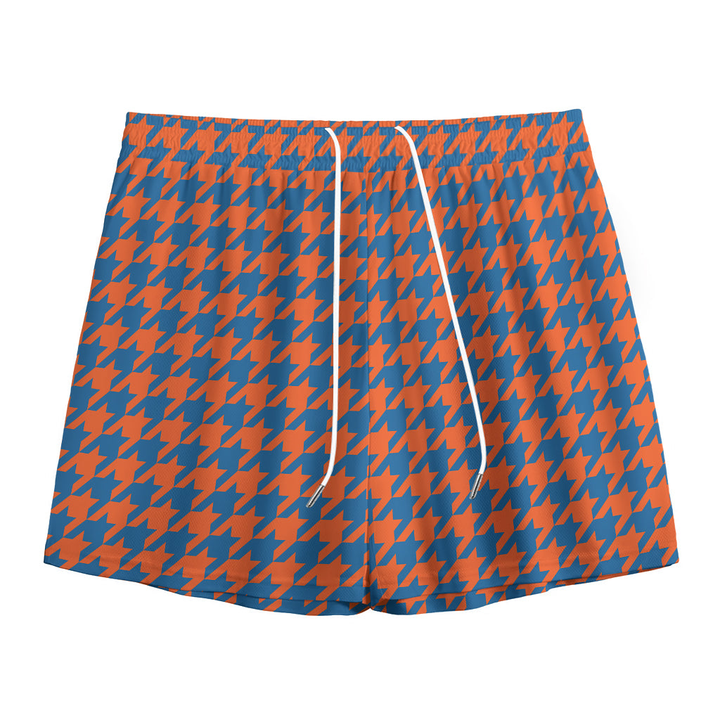 Orange And Blue Houndstooth Print Mesh Shorts