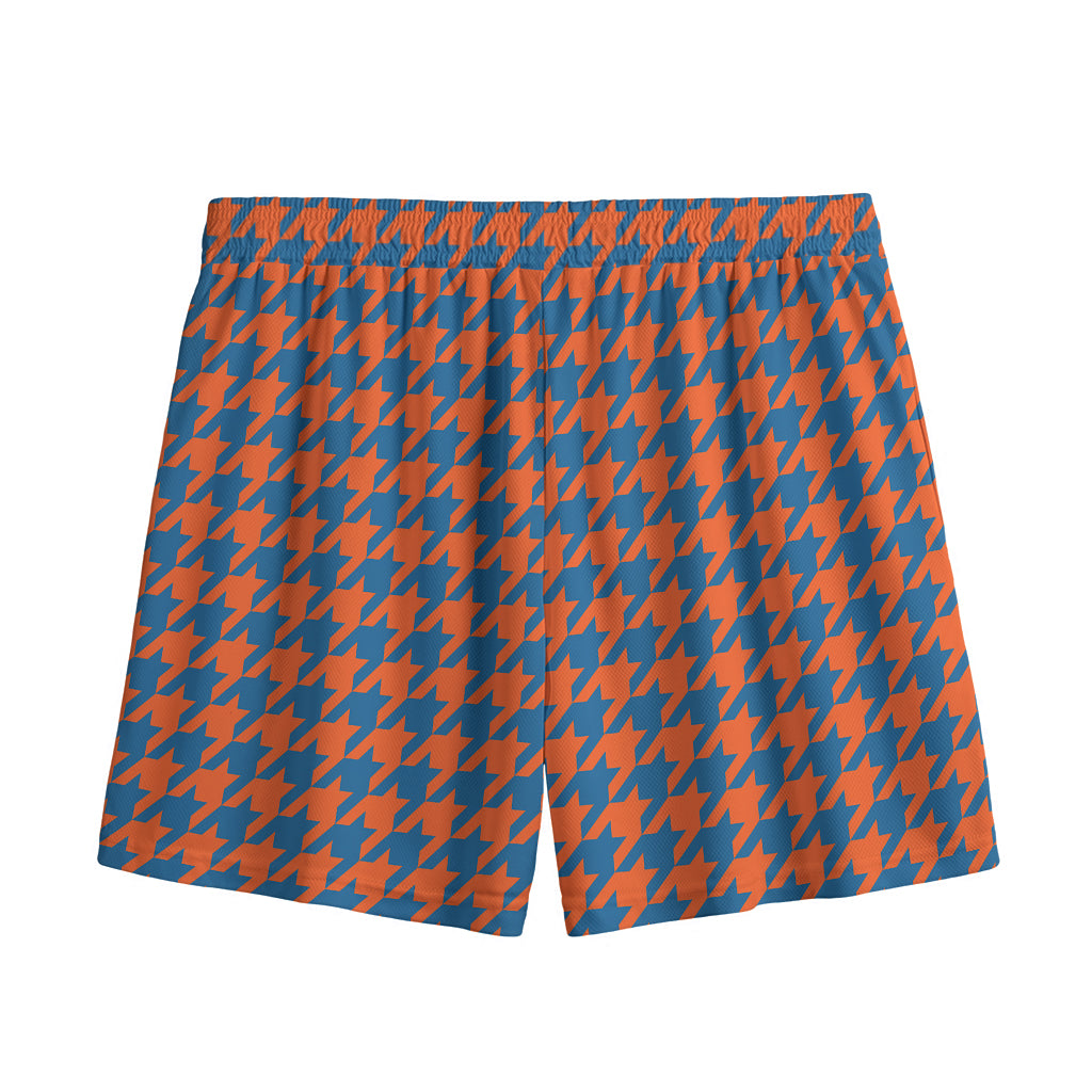 Orange And Blue Houndstooth Print Mesh Shorts
