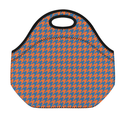 Orange And Blue Houndstooth Print Neoprene Lunch Bag