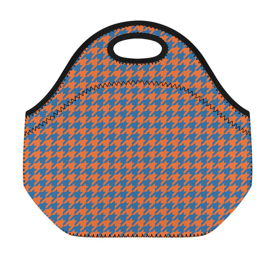 Orange And Blue Houndstooth Print Neoprene Lunch Bag