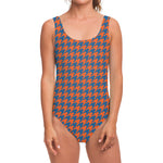 Orange And Blue Houndstooth Print One Piece Swimsuit