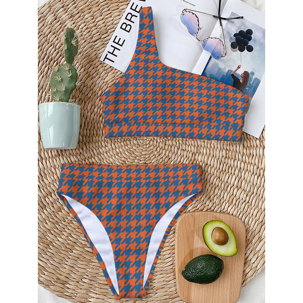 Orange And Blue Houndstooth Print One Shoulder Bikini Top