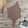 Orange And Blue Houndstooth Print One Shoulder Bodysuit