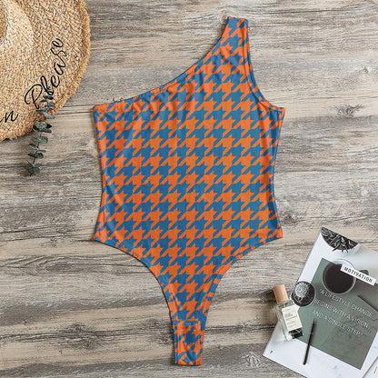 Orange And Blue Houndstooth Print One Shoulder Bodysuit