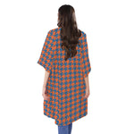 Orange And Blue Houndstooth Print Open Front Beach Cover Up