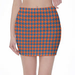 Orange And Blue Houndstooth Print Pencil Mini Skirt