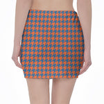 Orange And Blue Houndstooth Print Pencil Mini Skirt