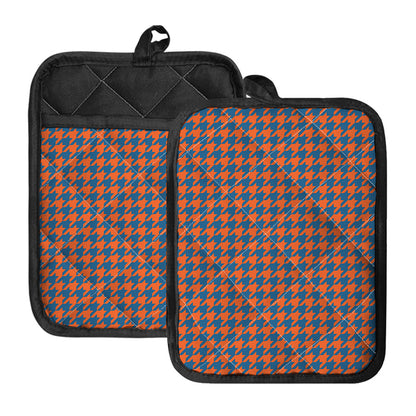Orange And Blue Houndstooth Print Pot Holders With Pocket