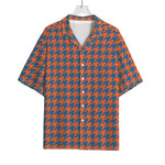 Orange And Blue Houndstooth Print Rayon Hawaiian Shirt