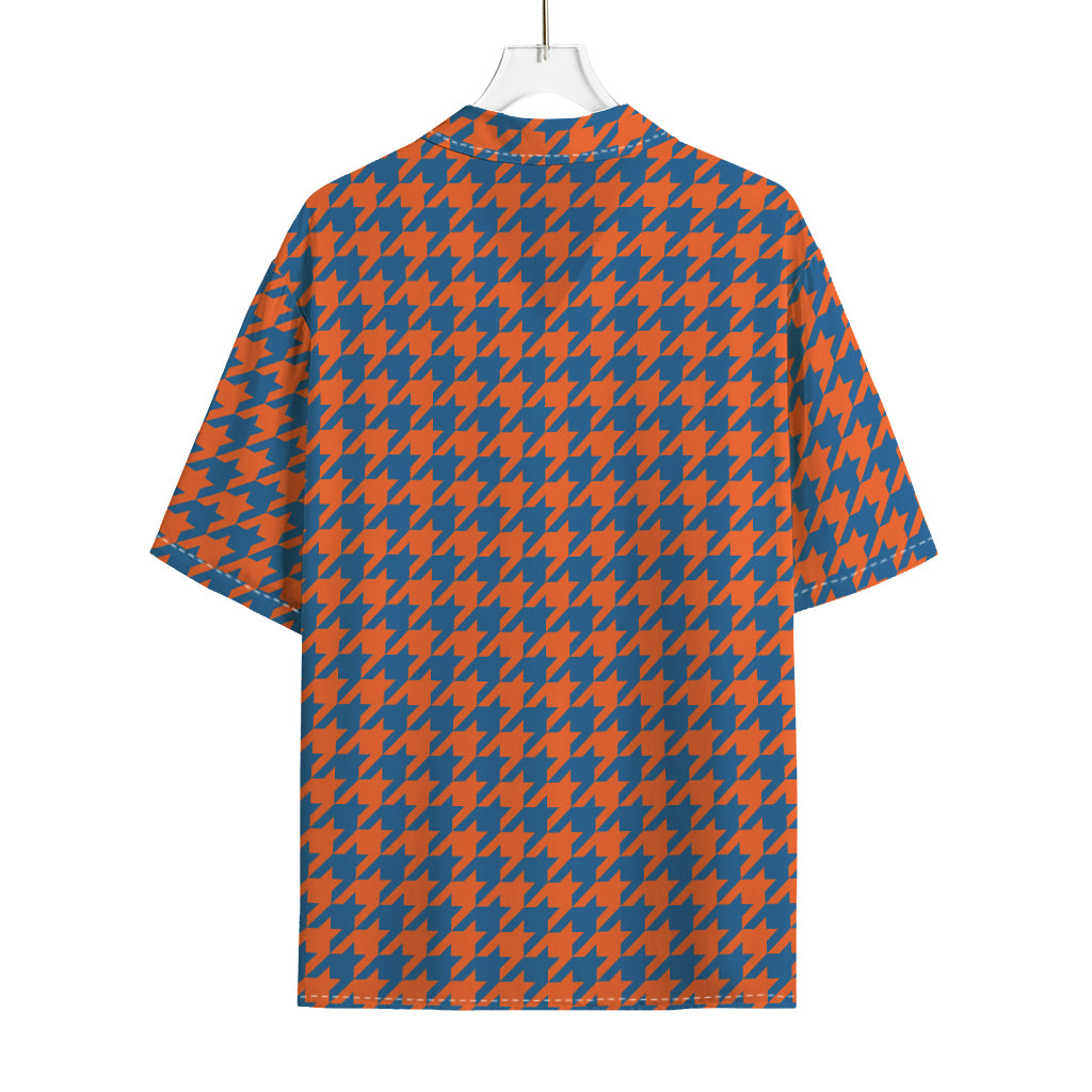 Orange And Blue Houndstooth Print Rayon Hawaiian Shirt