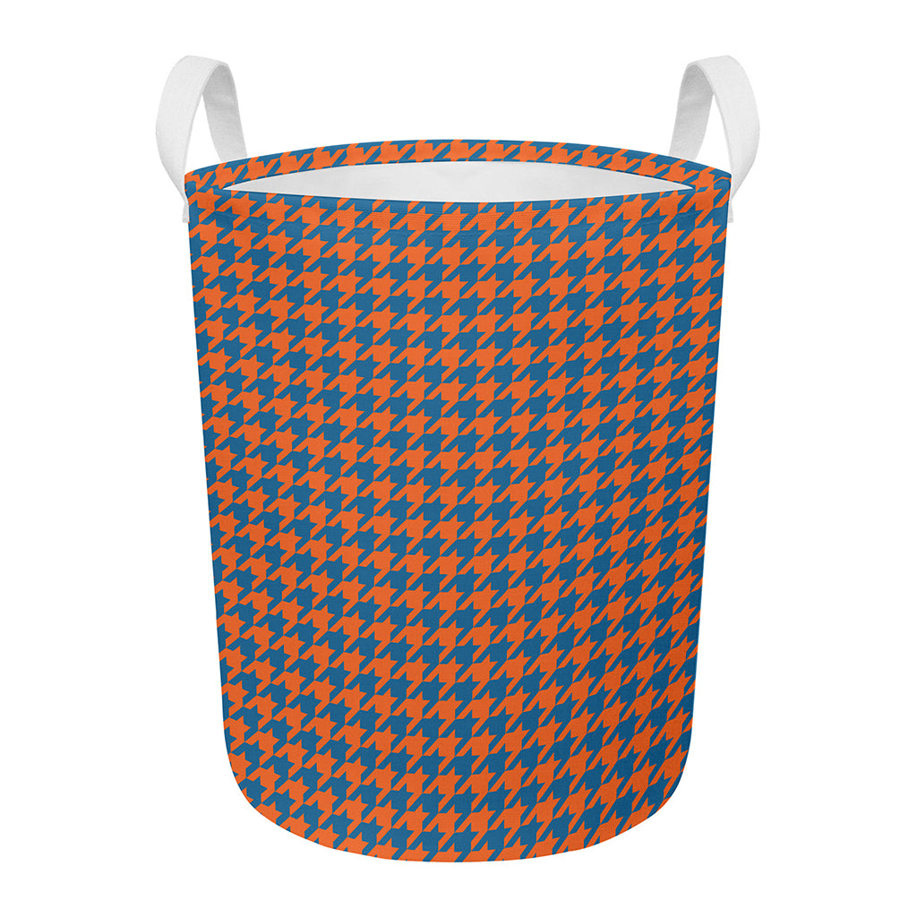 Orange And Blue Houndstooth Print Round Laundry Basket