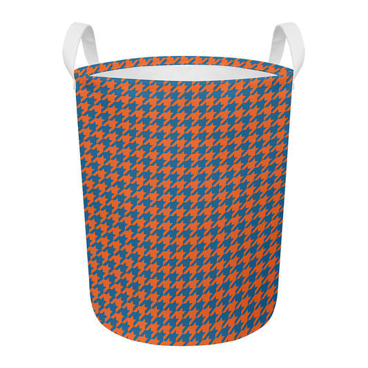 Orange And Blue Houndstooth Print Round Laundry Basket