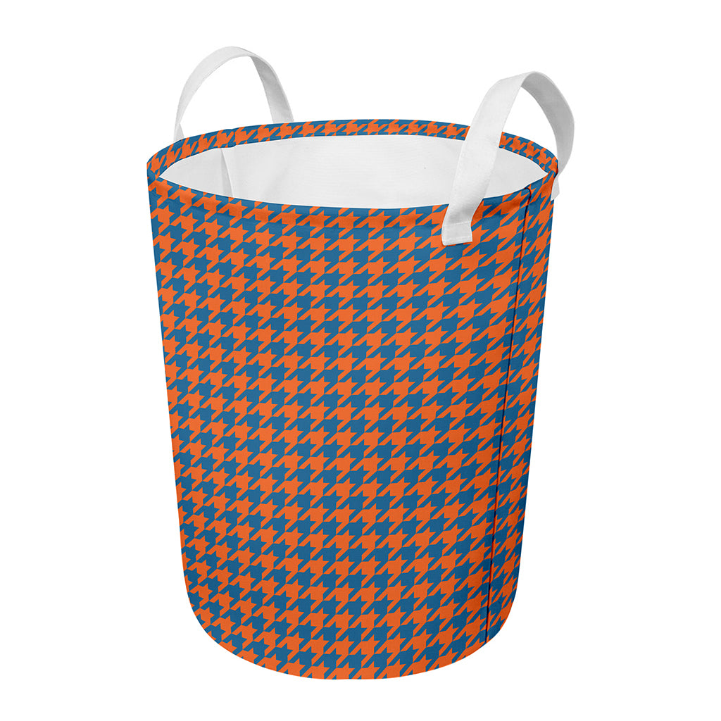 Orange And Blue Houndstooth Print Round Laundry Basket