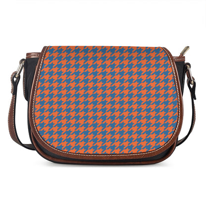 Orange And Blue Houndstooth Print Saddle Bag