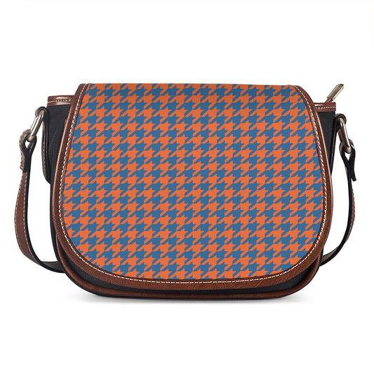 Orange And Blue Houndstooth Print Saddle Bag