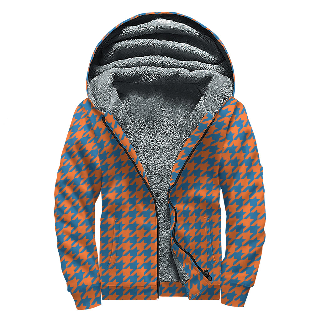 Orange And Blue Houndstooth Print Sherpa Lined Zip Up Hoodie