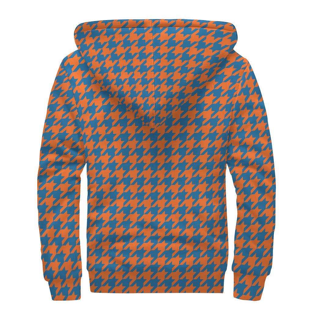 Orange And Blue Houndstooth Print Sherpa Lined Zip Up Hoodie