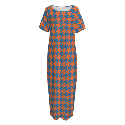 Orange And Blue Houndstooth Print Short Sleeve Long Nightdress