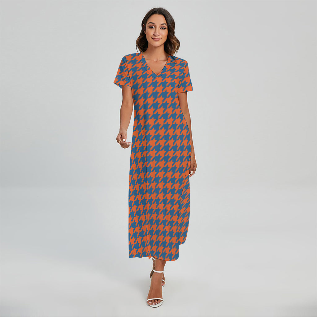 Orange And Blue Houndstooth Print Short Sleeve Maxi Dress