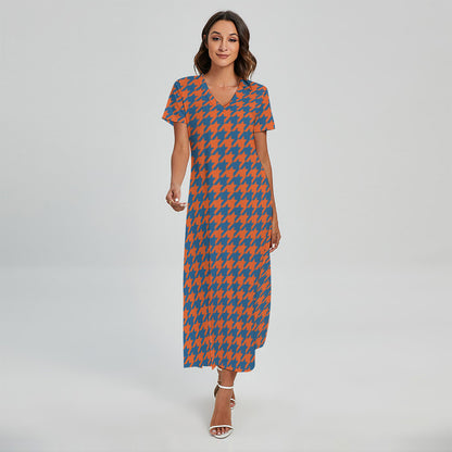 Orange And Blue Houndstooth Print Short Sleeve Maxi Dress