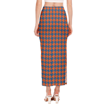 Orange And Blue Houndstooth Print Side Slit Maxi Skirt