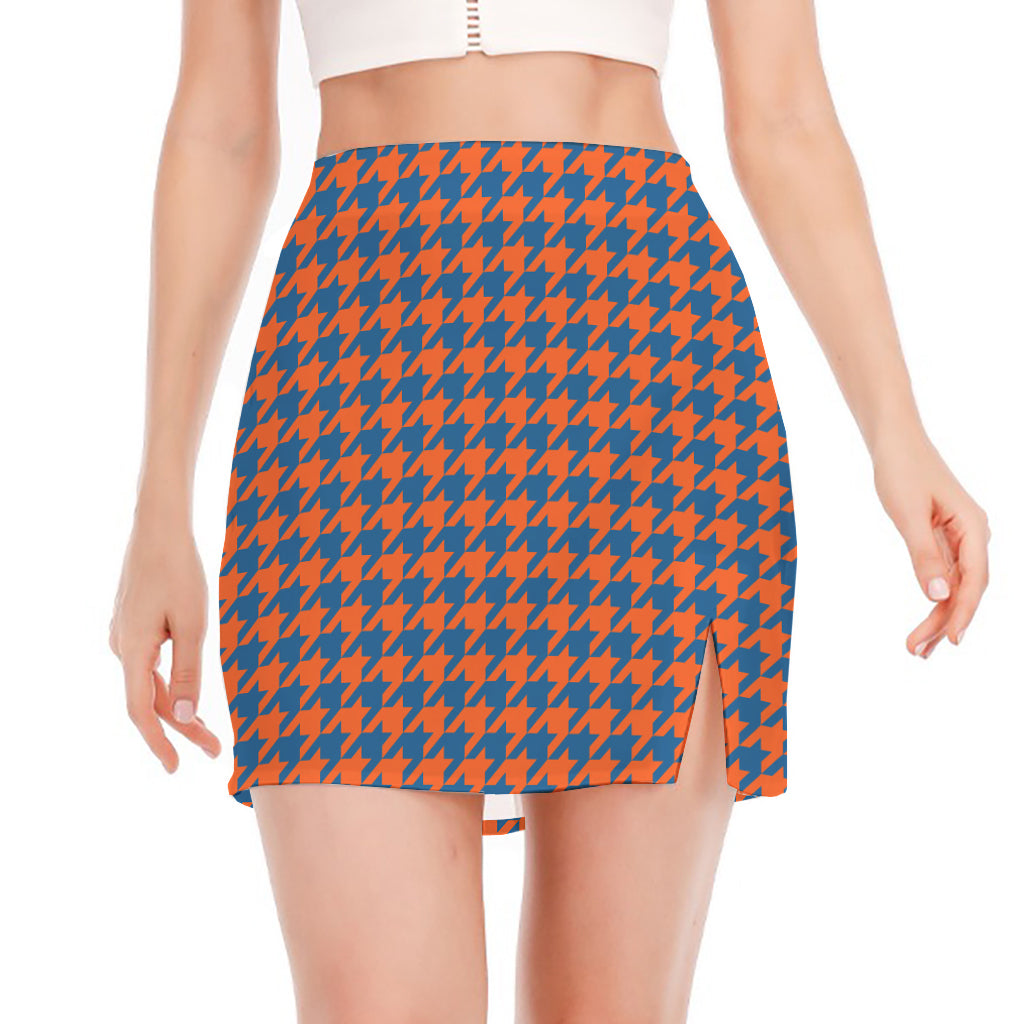 Orange And Blue Houndstooth Print Side Slit Mini Skirt