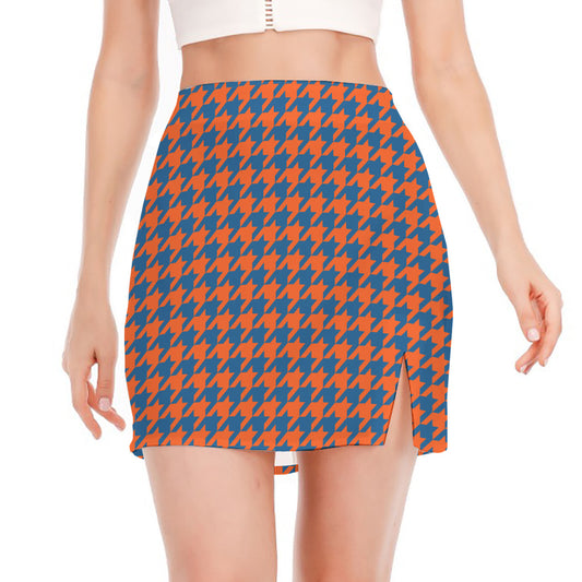 Orange And Blue Houndstooth Print Side Slit Mini Skirt
