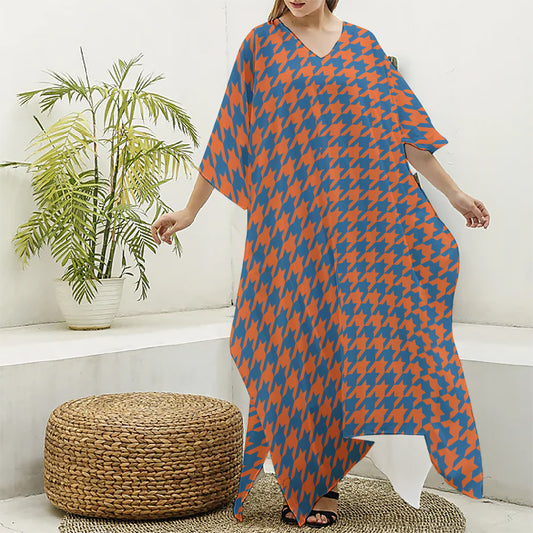Orange And Blue Houndstooth Print Silk V-Neck Kaftan Dress