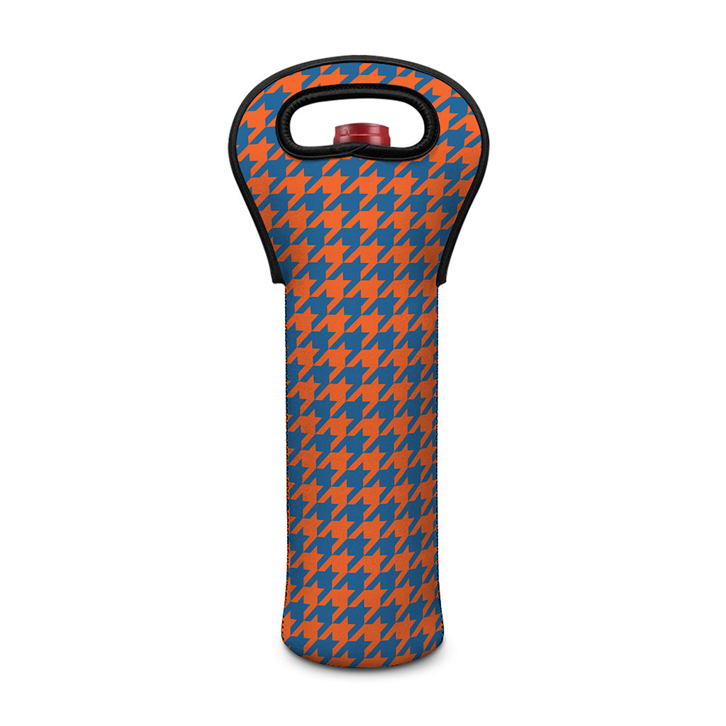 Orange And Blue Houndstooth Print Single Neoprene Wine Tote