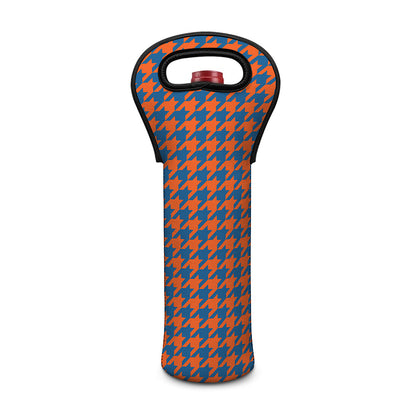 Orange And Blue Houndstooth Print Single Neoprene Wine Tote