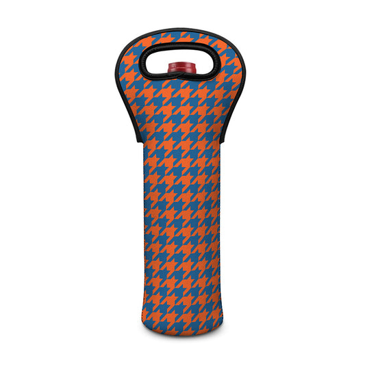 Orange And Blue Houndstooth Print Single Neoprene Wine Tote