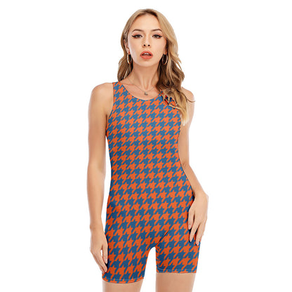Orange And Blue Houndstooth Print Sleeveless One Piece Swimsuit