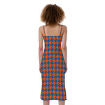 Orange And Blue Houndstooth Print Slim Fit Midi Cami Dress