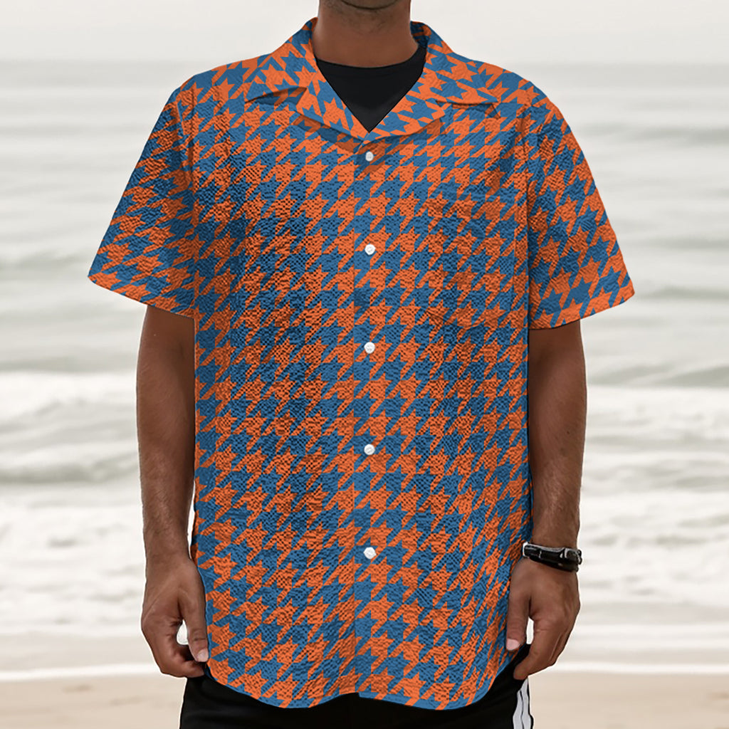 Orange And Blue Houndstooth Print Textured Short Sleeve Shirt