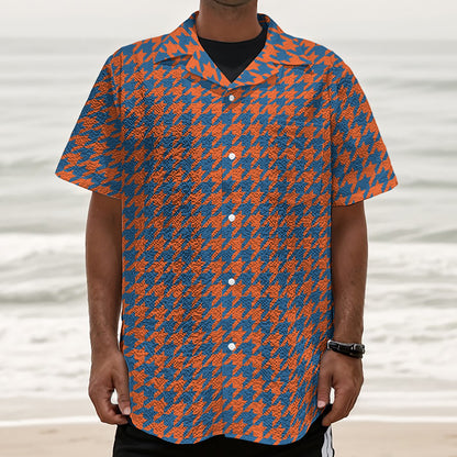 Orange And Blue Houndstooth Print Textured Short Sleeve Shirt