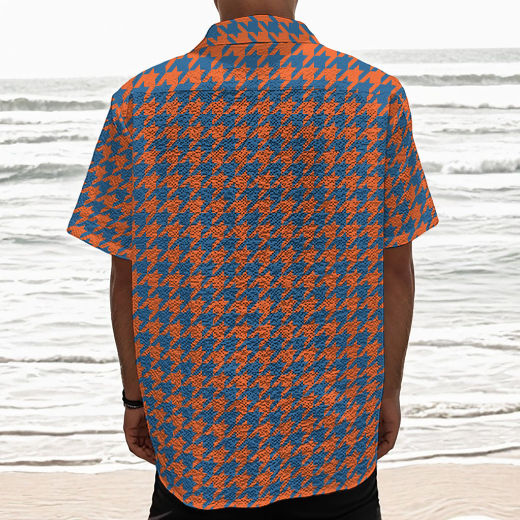 Orange And Blue Houndstooth Print Textured Short Sleeve Shirt