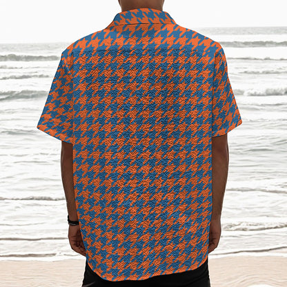 Orange And Blue Houndstooth Print Textured Short Sleeve Shirt