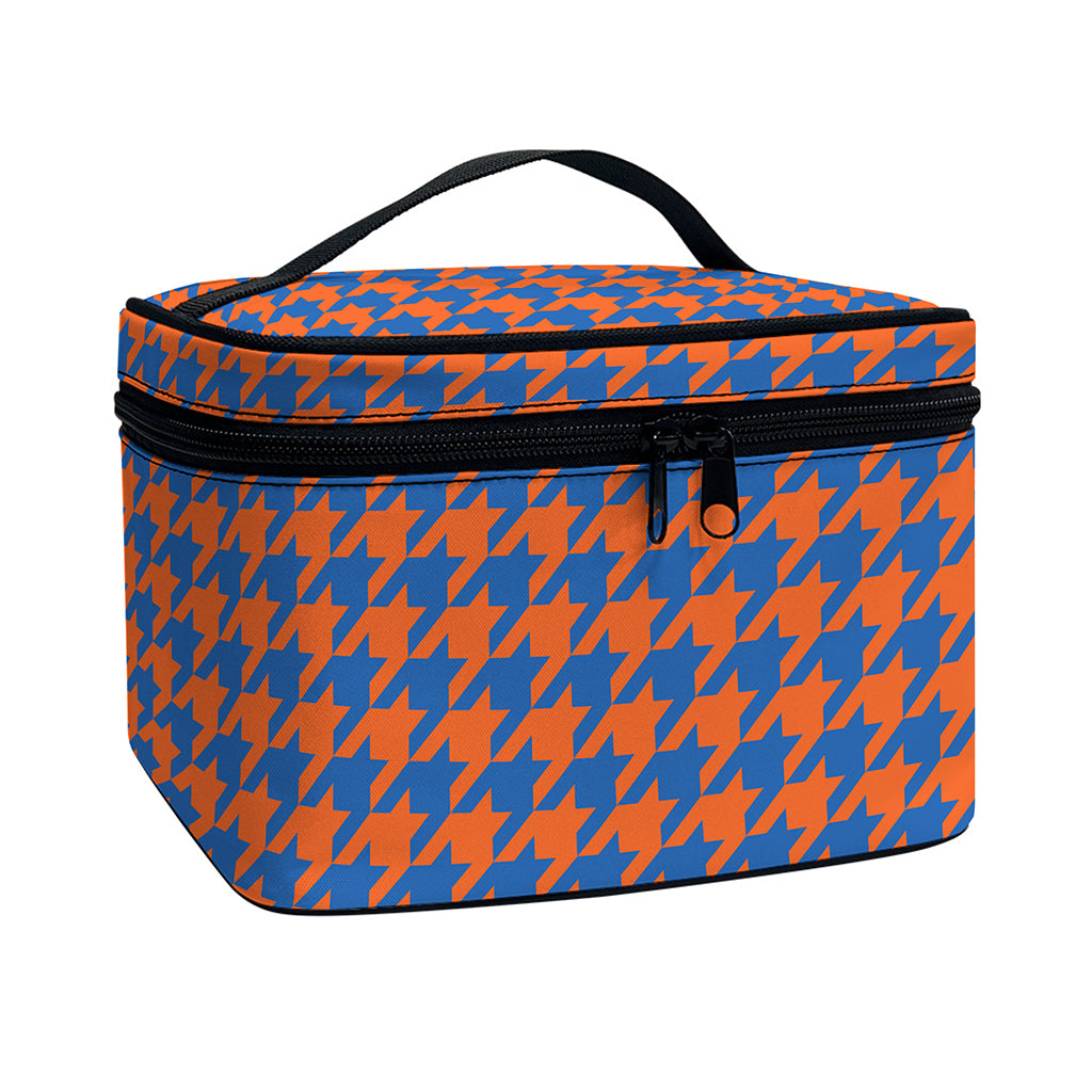 Orange And Blue Houndstooth Print Travel Makeup Bag