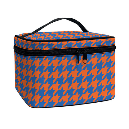 Orange And Blue Houndstooth Print Travel Makeup Bag