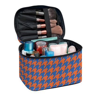 Orange And Blue Houndstooth Print Travel Makeup Bag